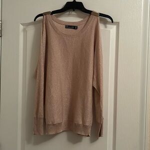 New York & Company gold sweater with 3/4th sleeves and shoulders cut out.